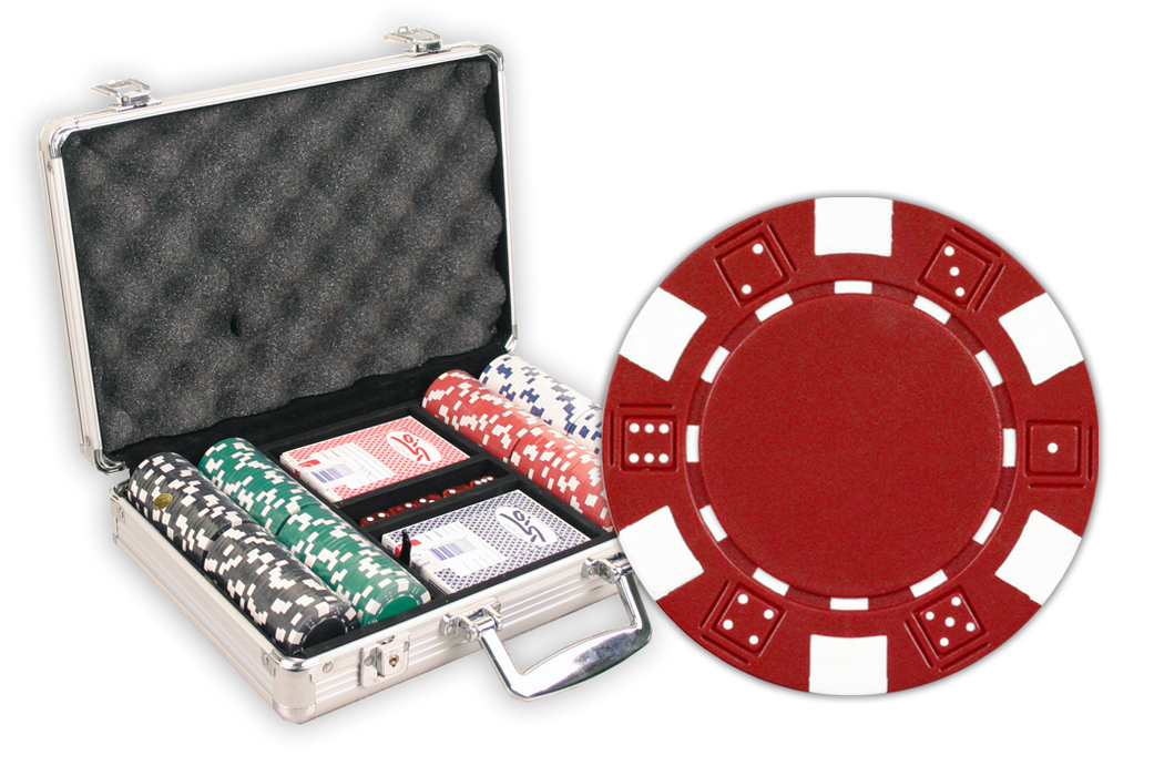 Poker set with chips, cards, and a case with 200 Dice design chips in an aluminum case