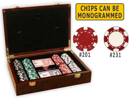 Complete poker chips set with 200 poker chips in a glossy wood case
