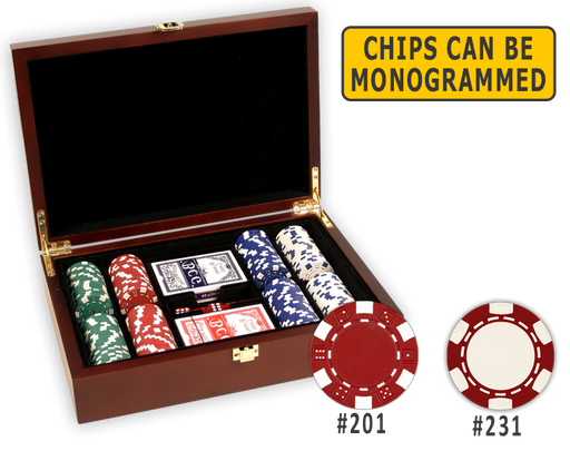 Poker chips set in a wooden mahogany finish and 200 chips