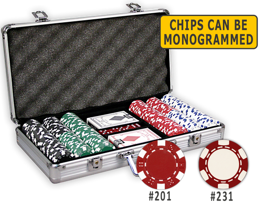 300 poker chips in an aluminum case with cards and dice