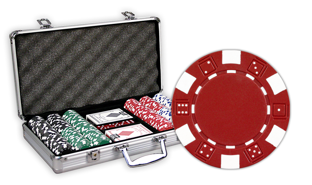 Poker set with chips, cards, and a case with 300 Dice design chips in an aluminum case
