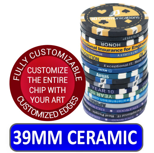 Fully customizable ceramic poker chip, 39mm size, casino quality