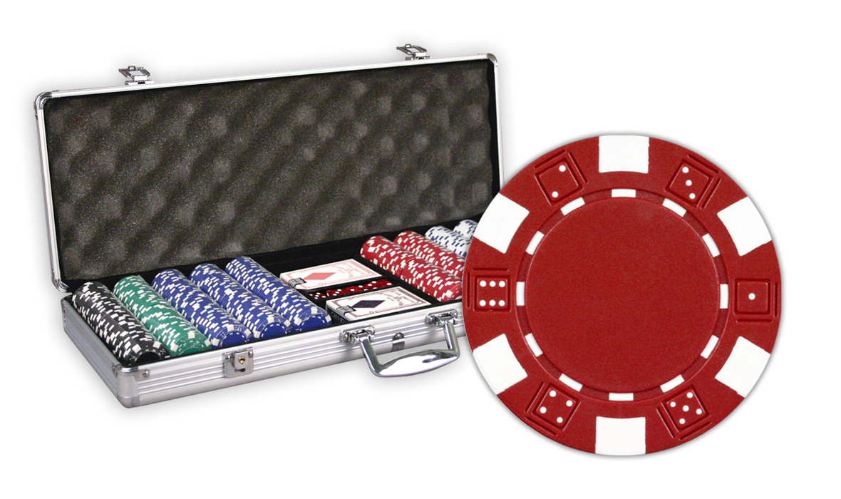 Poker set with chips, cards, and a case with 500 Dice design chips in an aluminum case