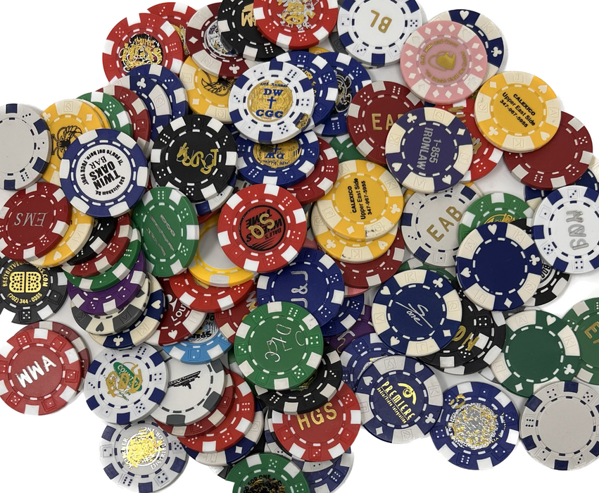 500 misprinted over-run poker chips – 11.5 gram foil stamped mixed colors
