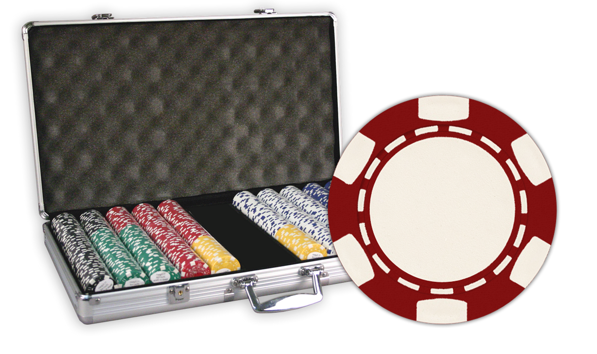 Poker set with chips, cards, and a case with 750 6 Stripe design chips in an aluminum case