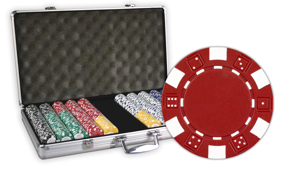 Poker set with chips, cards, and a case with 750 Dice design chips in an aluminum case