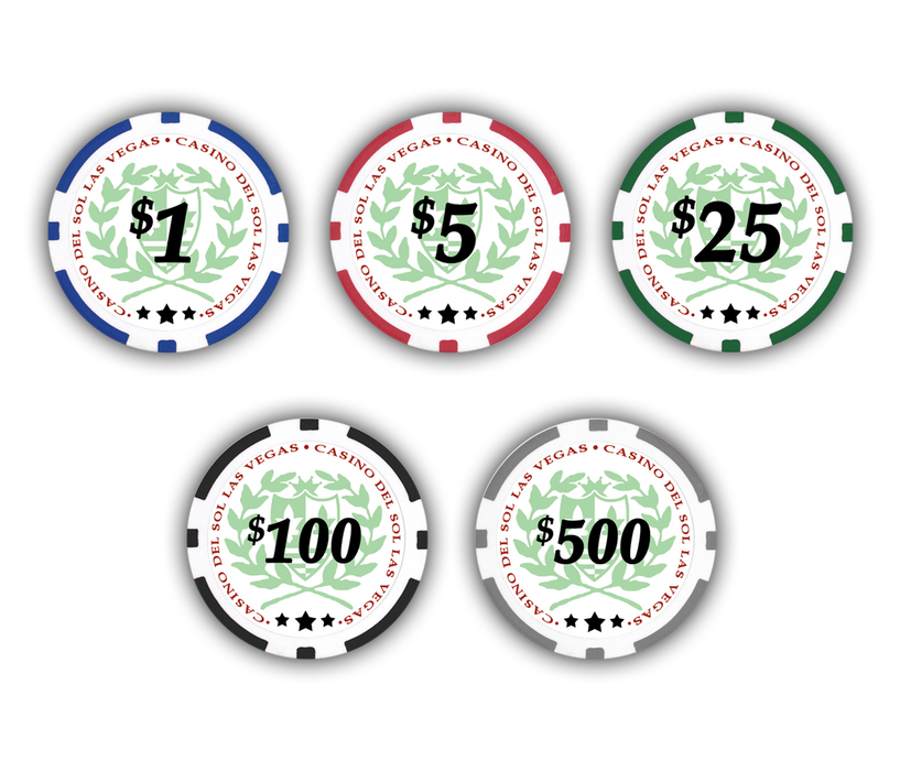 11.5 gram poker chips with Casino Del Sol design and denominations