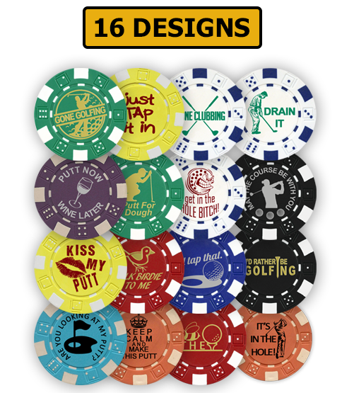 Golf ball marker poker chips foil stamped with funny designs - 16 Designs