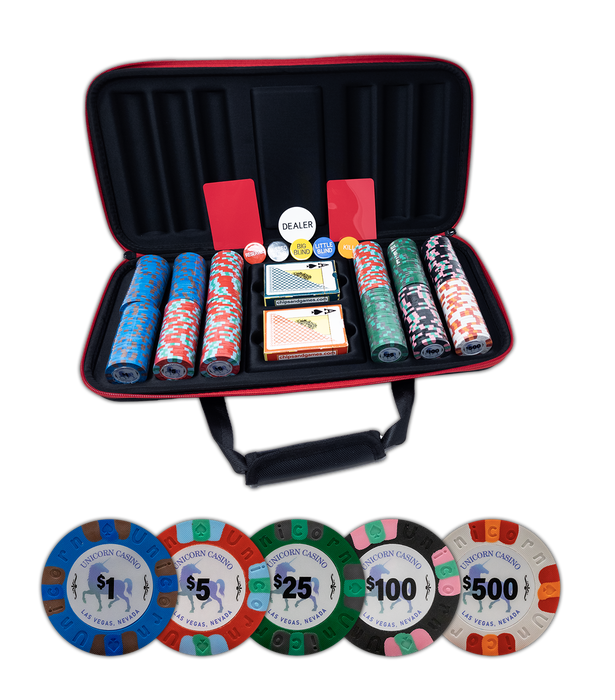 Unicorn Casino Clay 300-chip poker set in black soft shell case with cards and dice