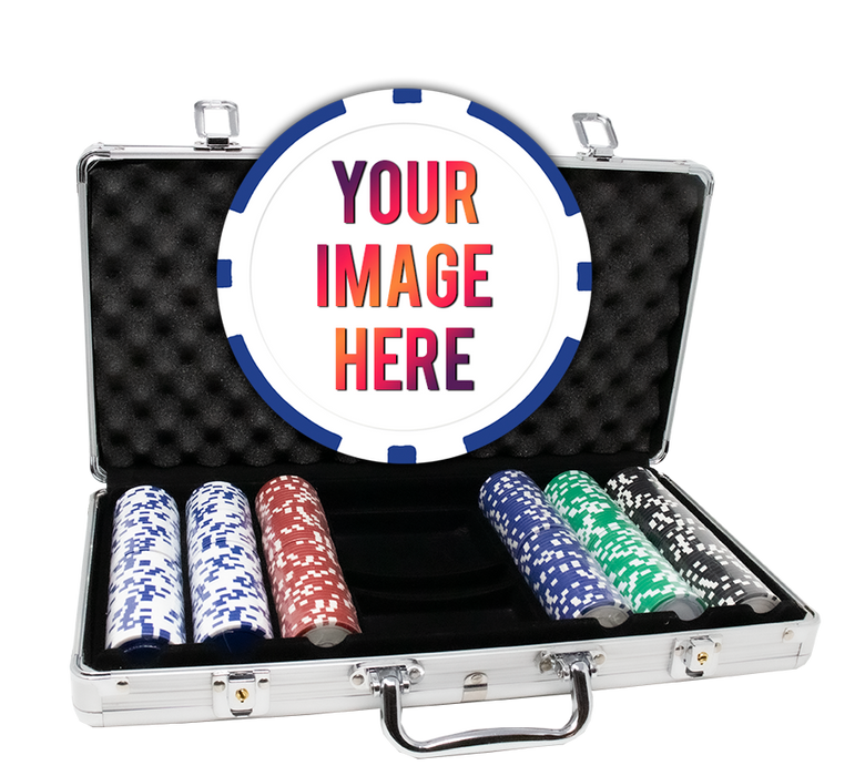 Custom 8 Stripe poker chips with 300 poker chips in an aluminum case