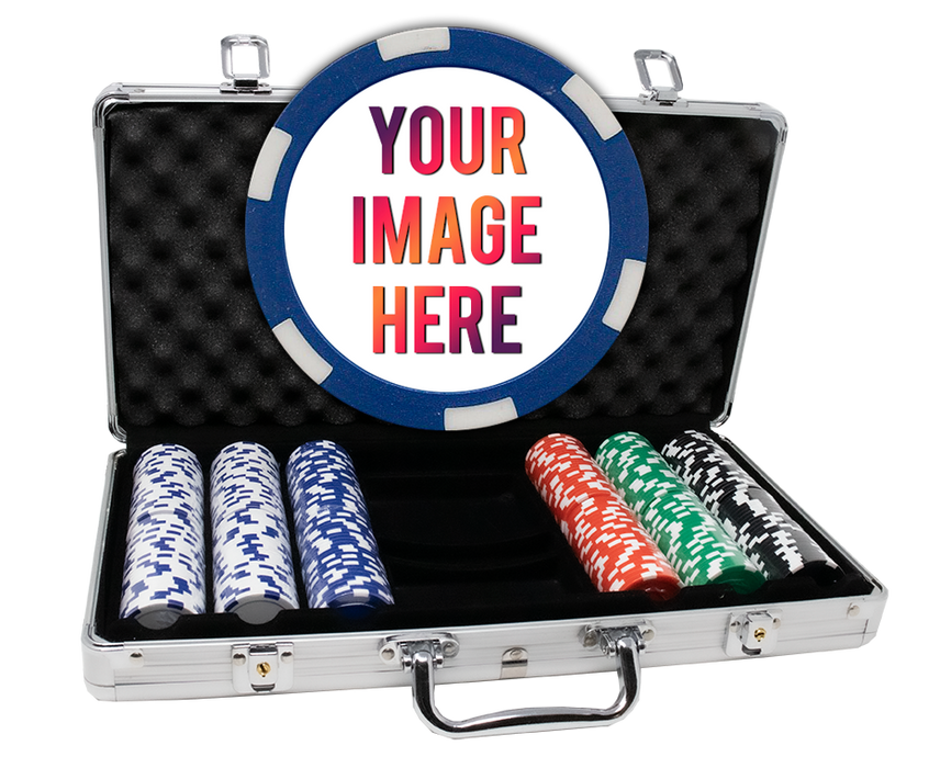 Custom poker chips with 300 poker chips in an aluminum case - 6 Stripe chips