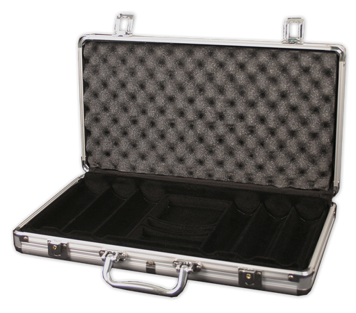 300 chip capacity aluminum poker chip case; Compact aluminum poker chip storage case with engraving option