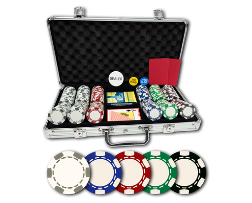 6 Stripe poker chips set with 300 chips, aluminum case, plastic cards and buttons