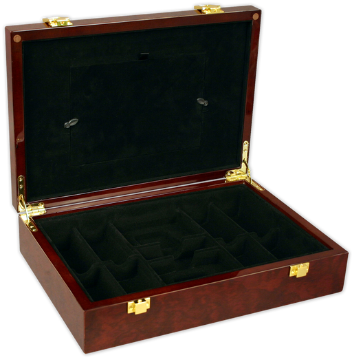 200 chip glossy wood poker case with glass window; Wooden poker chip case with customizable engraved glass top