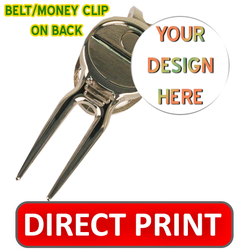 Custom UV full-color direct-print ball marker with divot tool and belt clip