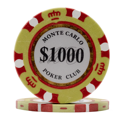 Yellow Monte Carlo poker chips – 14 gram clay composite, casino-style values