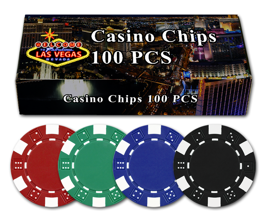 100-piece Dice 11.5g poker chip set in Las Vegas gift box; Las Vegas gift box with 100 Dice 11.5g poker chips – blue red green black mix