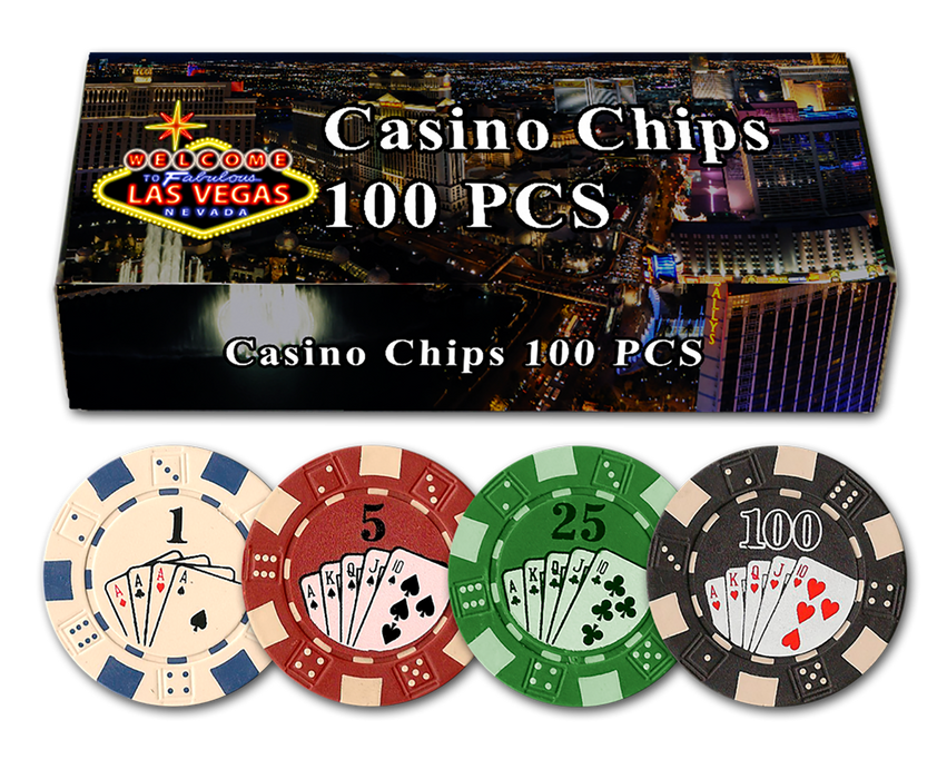 100-piece Dice Straight Flush 11.5g poker chip set in Las Vegas gift box; Las Vegas gift box with 100 Dice 11.5g poker chips – Straight Flush design