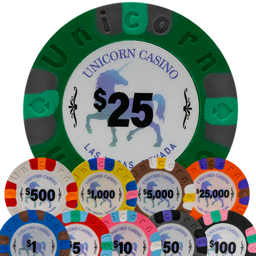 Unicorn Casino all-clay poker chips – set of 50, front view