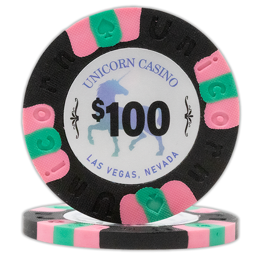 All clay poker chips with Unicorn Casino print - Black