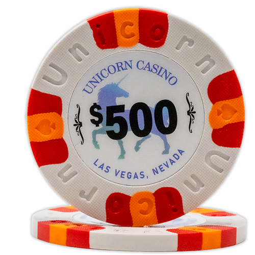 All clay poker chips with Unicorn Casino print - White
