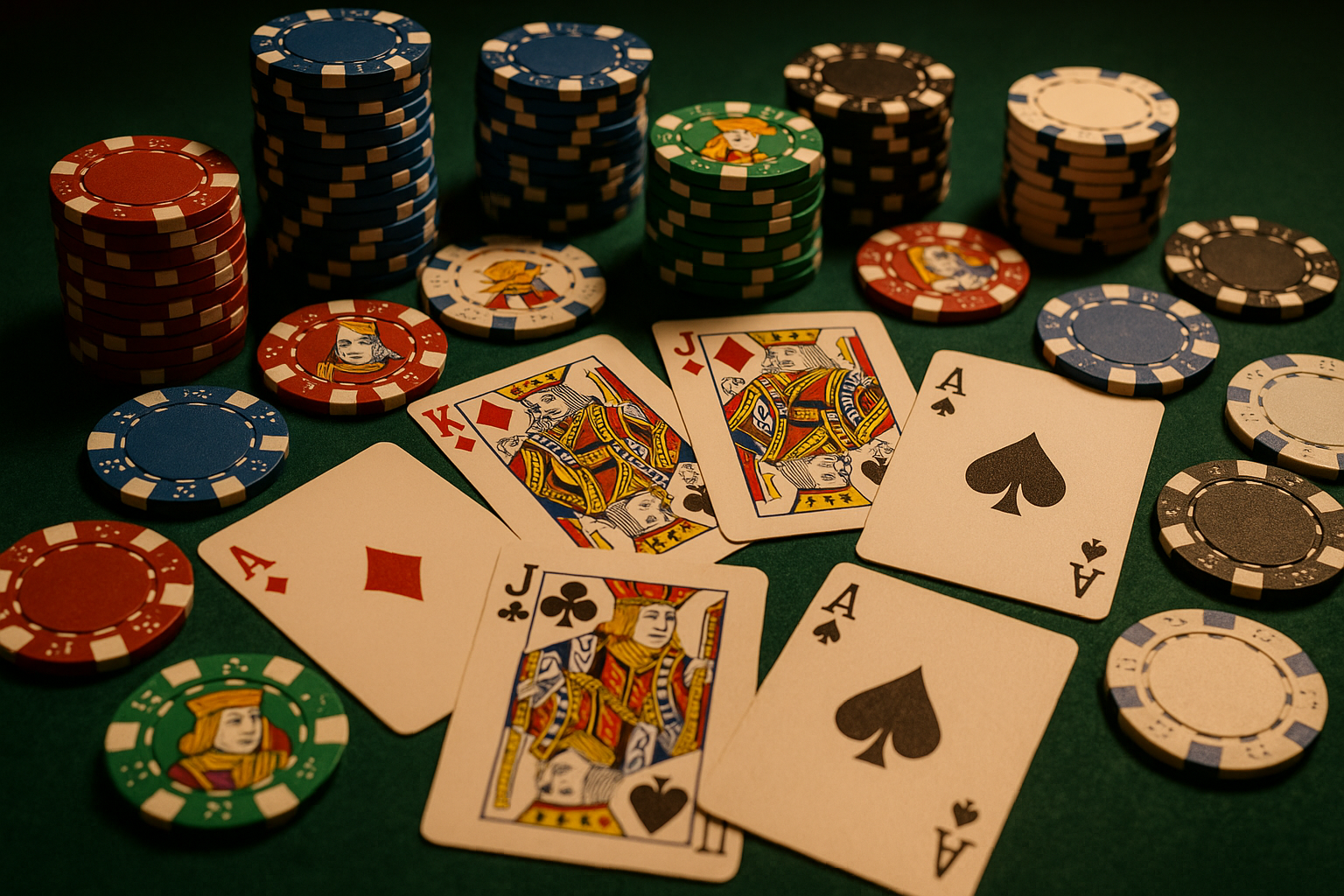 Playing cards and poker chips in different colors