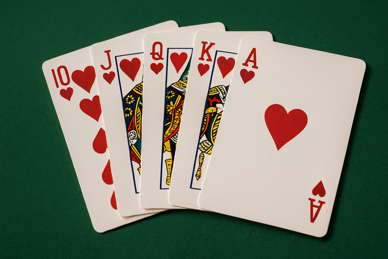 Royal flush of hearts poker hand