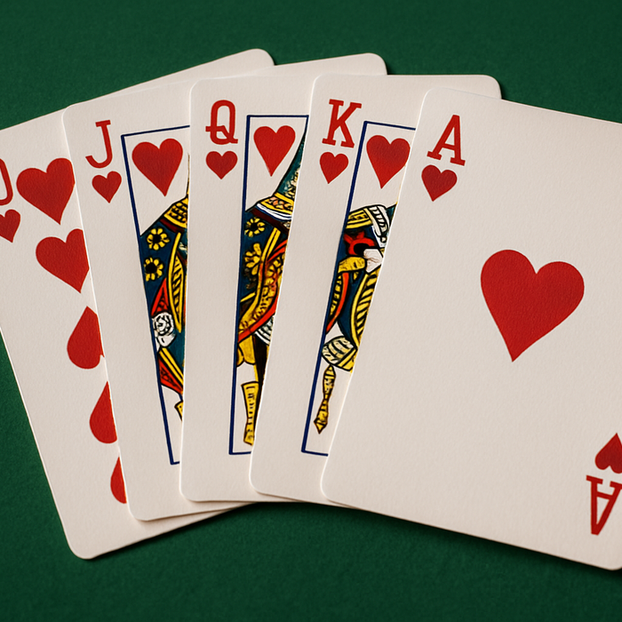 Royal flush of hearts poker hand