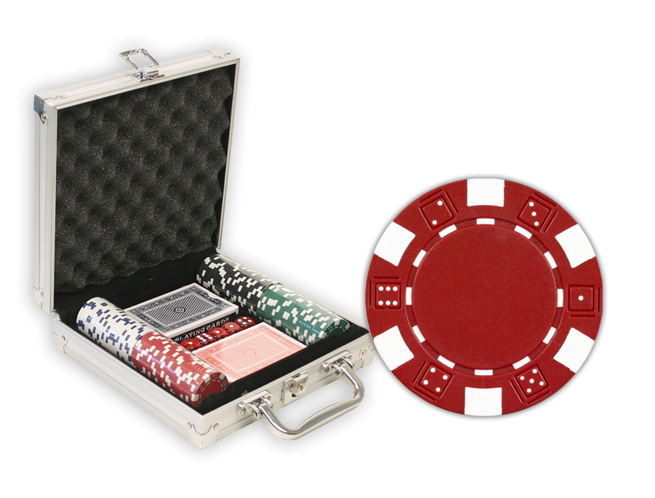 Aluminum poker chips set with 100 dice design chips