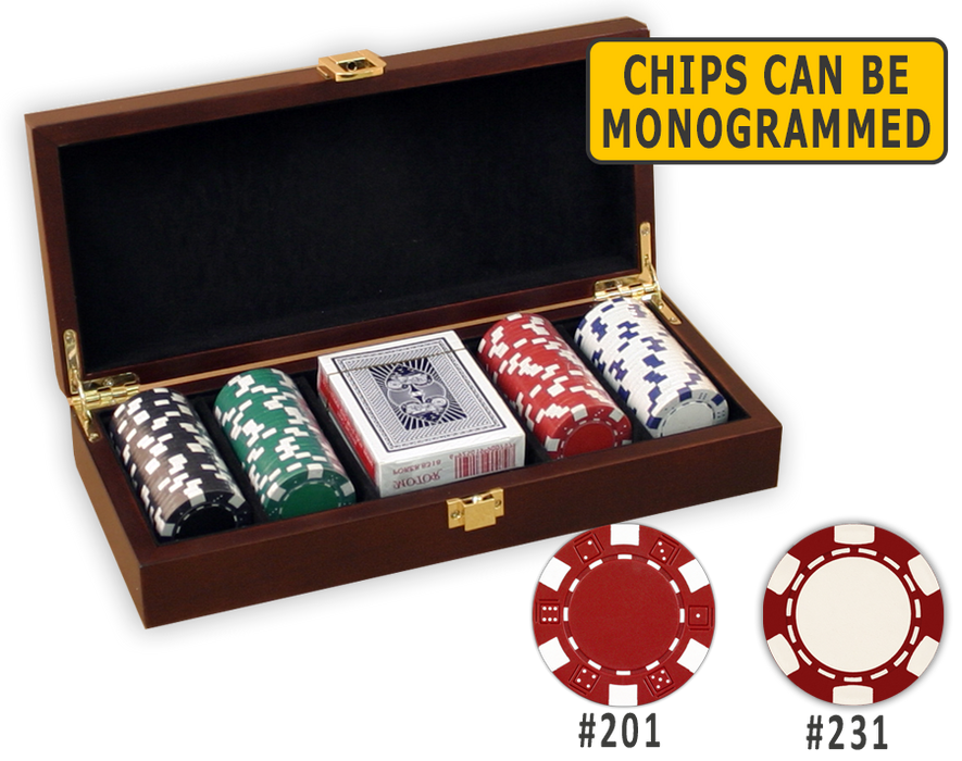 Poker chips set with 100 poker chips in a wood chips case