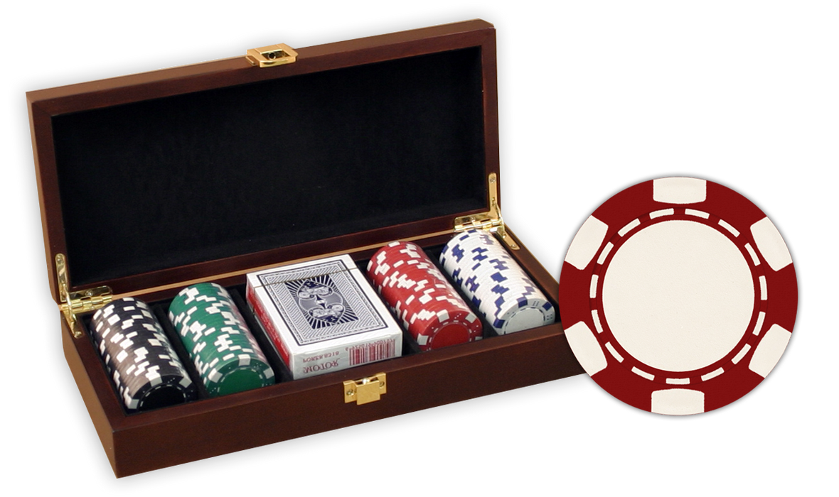 Poker chips set with 100 6 stripe poker chips in a wood chips case