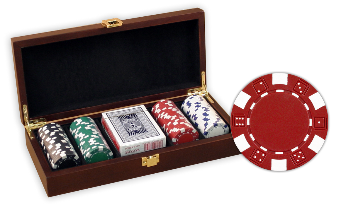 Poker chips set with 100 dice design poker chips in a wood chips case