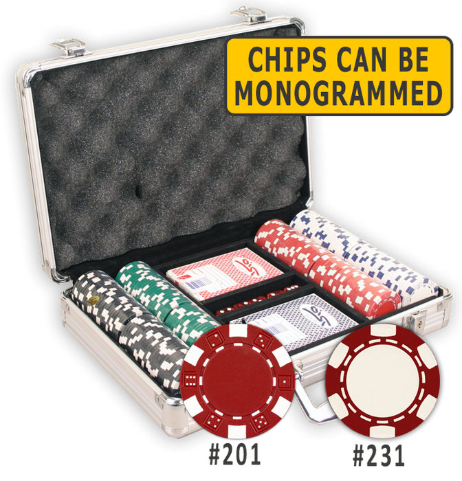 200 poker chips in an aluminum poker chips case with cards and dice