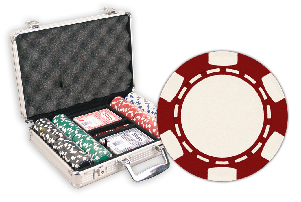Poker set with chips, cards, and a case with 200 6 Stripe design chips in an aluminum case
