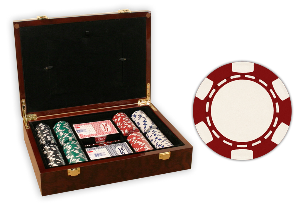 Complete poker chips set with 200 6 stripe poker chips in a glossy wood case