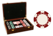 Complete poker chips set with 200 6 stripe poker chips in a glossy wood case