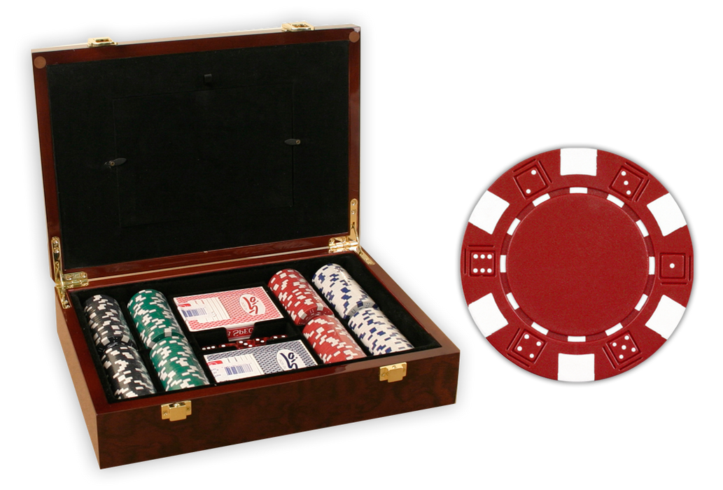 Complete poker chips set with 200 dice design poker chips in a glossy wood case