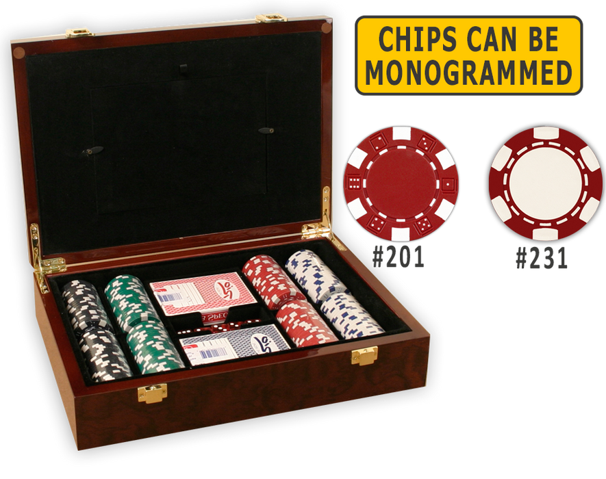 Complete poker chips set with 200 poker chips in a glossy wood case