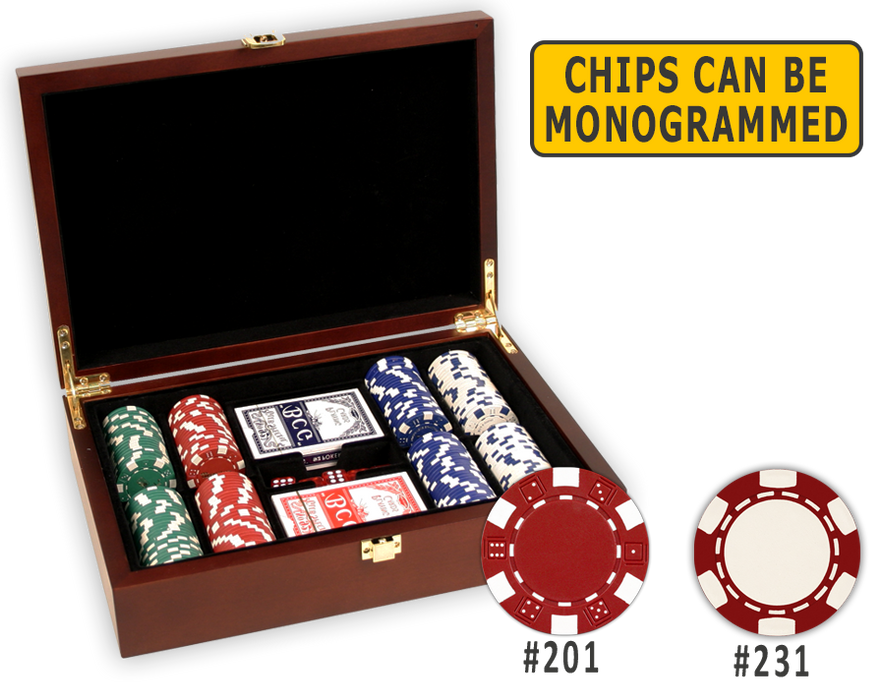 Poker chips set in a wooden mahogany finish and 200 chips