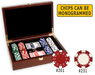 Poker chips set in a wooden mahogany finish and 200 chips