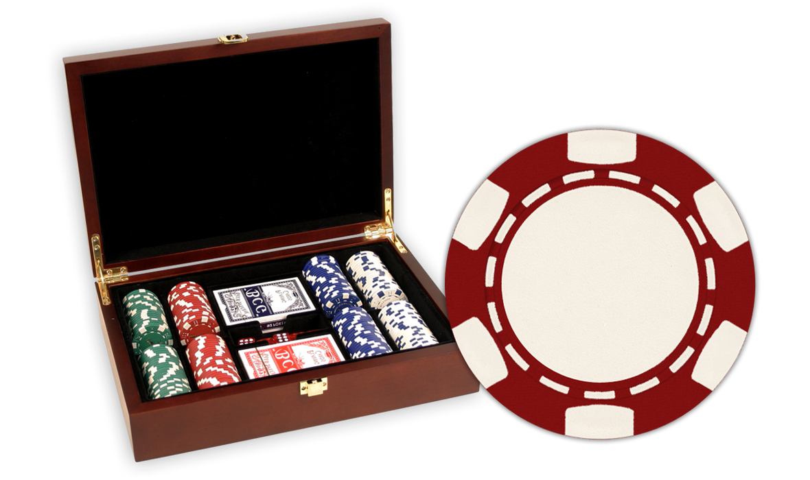 Poker chips set in a wooden mahogany finish and 200 6 Stripe chips