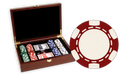 Poker chips set in a wooden mahogany finish and 200 6 Stripe chips