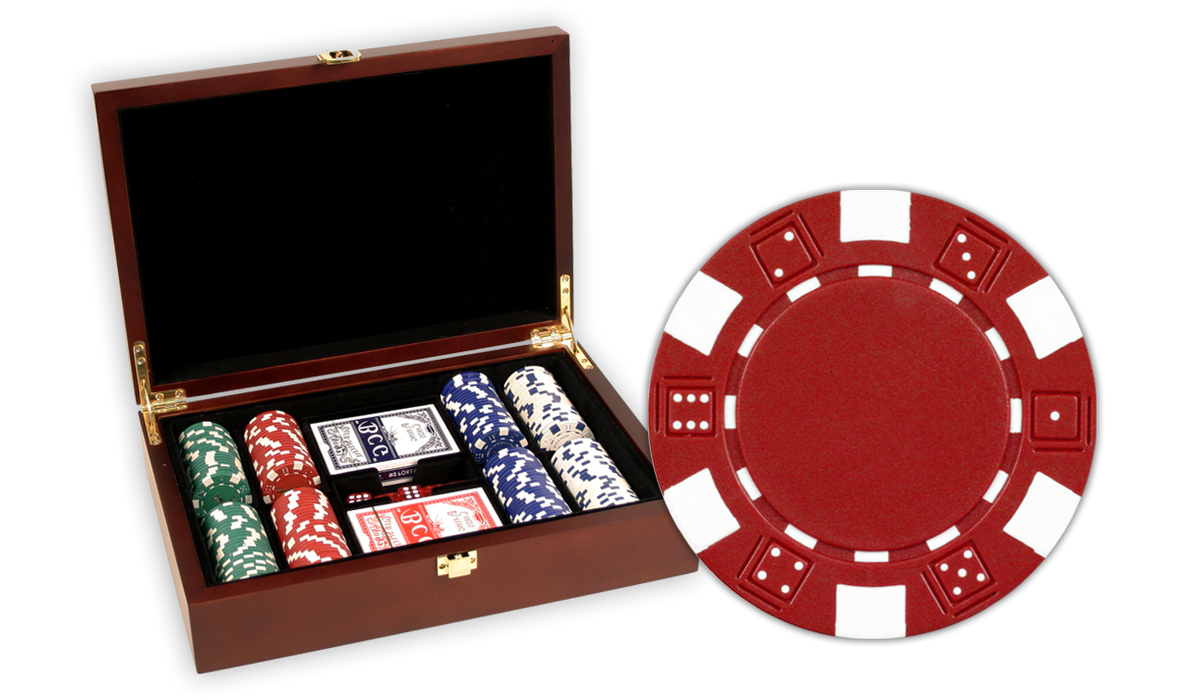 Poker chips set in a wooden mahogany finish and 200 Dice design chips