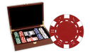 Poker chips set in a wooden mahogany finish and 200 Dice design chips