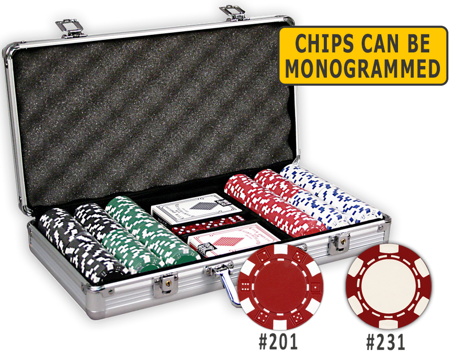 300 poker chips in an aluminum case with cards and dice