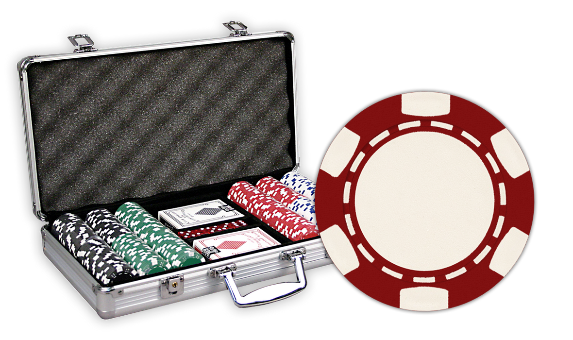 Poker set with chips, cards, and a case with 300 6 stripe chips in an aluminum case