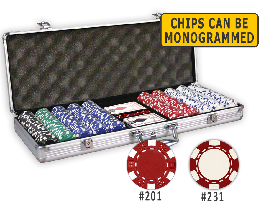 500 poker chips in an aluminum poker chips case with cards and dice