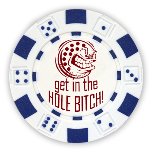 Golf ball marker poker chips foil stamped with funny designs - Get in the hole