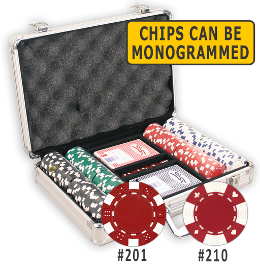 200 poker chips in an aluminum poker chips case with cards and dice