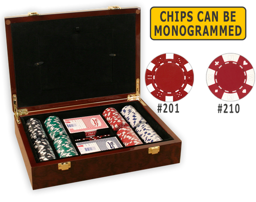 Complete poker chips set with 200 poker chips in a glossy wood case